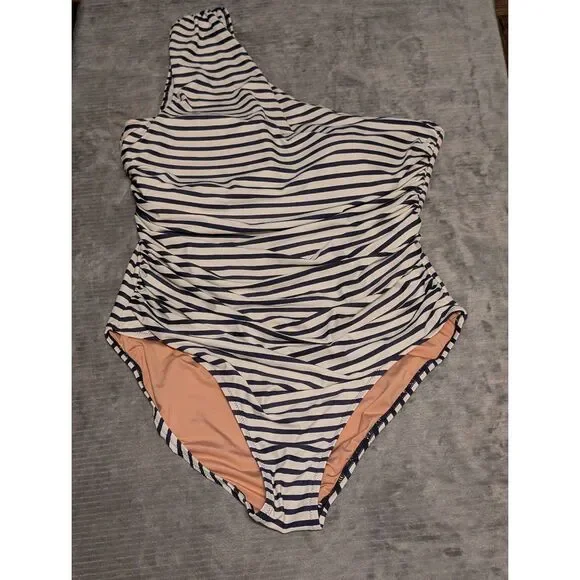 J. crew Re-Imagined Ruched one-shoulder one-piece in stripe size 14 - Picture 2 of 6